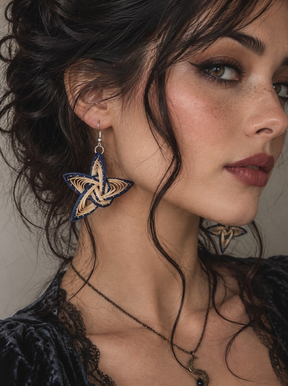 Whimsigoth Witchy Handmade Artisan Navy Tan Natural Star Drop Earrings